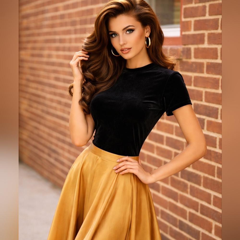 Vintage Black Velvet Top Gold Maxi Skirt Dress Retro 50s Glam Evening Gown S/M
